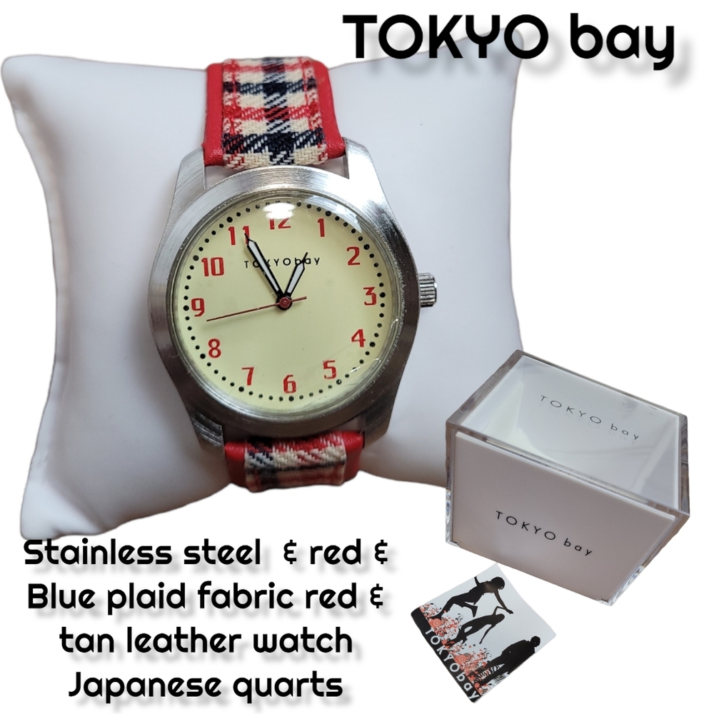 Vintage TOKYObay Women's Retro red & navy plaid leather stainless steel watch
